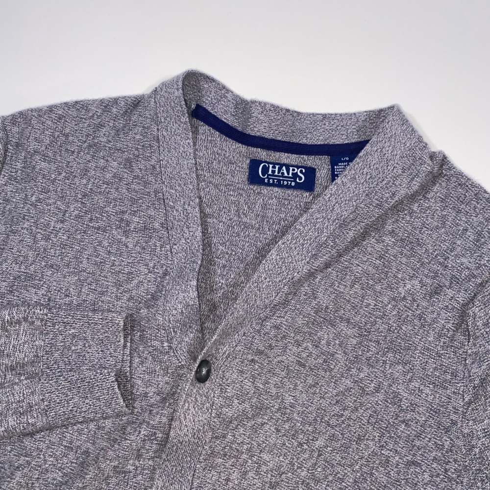 Chaps Mens Shawl Collar Cardigan‎ Sweater Heather Gray L G Button Front Pockets